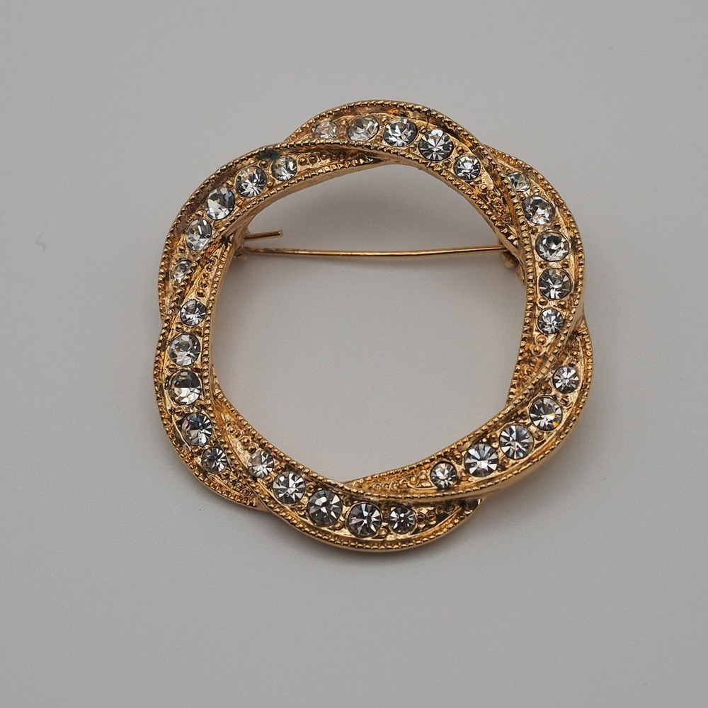 Roman Brooch Rhinestone Wreath Gold Tone Twisted Circle Pin Cinch Clip Vintage